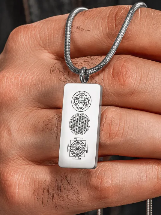 Kadın Erkek Zincir Kolye - Hz Süleyman Mührü, Yaşam Çiçeği, Sri Yantra İşlemesi, Paslanmaz Çelik