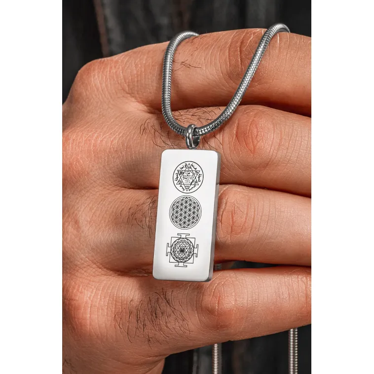 Kadın Erkek Zincir Kolye - Hz Süleyman Mührü, Yaşam Çiçeği, Sri Yantra İşlemesi, Paslanmaz Çelik Kadın Erkek Zincir Kolye - Hz Süleyman Mührü, Yaşam Çiçeği, Sri Yantra İşlemesi, Paslanmaz Çelik