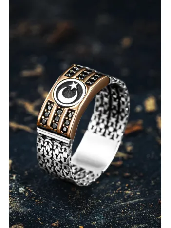 Erkek Gümüş Yüzük - Üç Sıra Zirkon Taşlı Kral Zincirli Ay Yıldız İşlemeli Erkek Yüzük