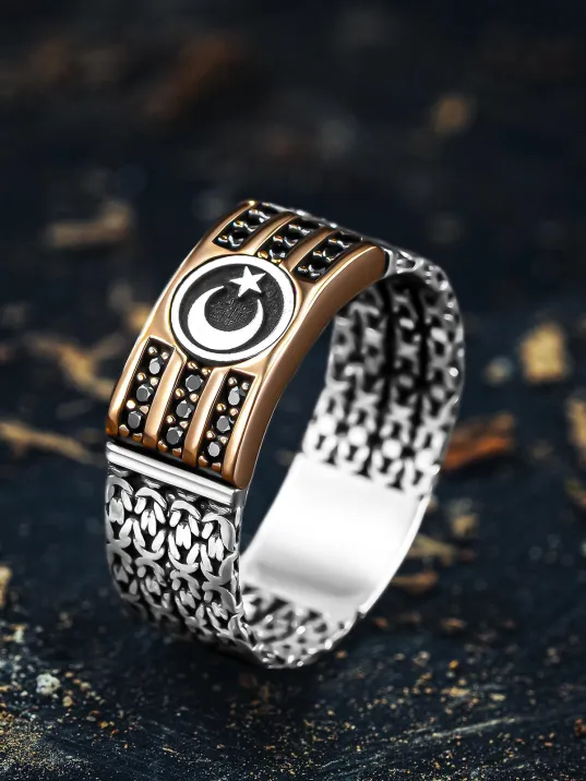 Erkek Gümüş Yüzük - Üç Sıra Zirkon Taşlı Kral Zincirli Ay Yıldız İşlemeli Erkek Yüzük