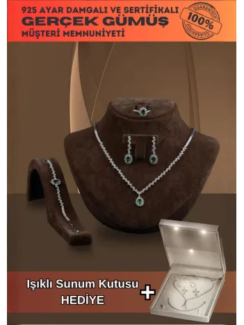 Almila Bayan Zümrüt Taşlı Gümüş Su Yolu Set - Kolye, Bileklik, Küpe, Yüzük