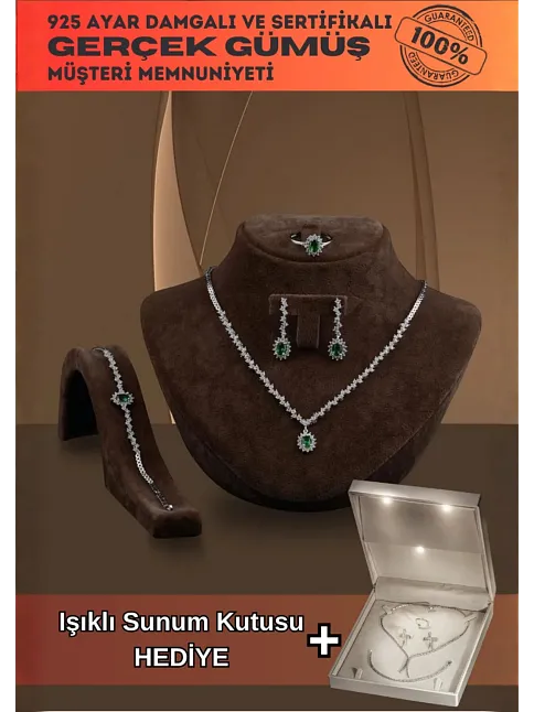 Almila Bayan Zümrüt Taşlı Gümüş Su Yolu Set - Kolye, Bileklik, Küpe, Yüzük