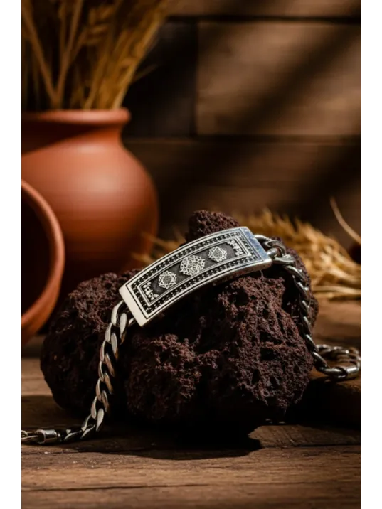 Erkek Gümüş Bileklik - Süleyman Mührü İşlemeli Künye 925 Ayar Erkek Gümüş Bileklik