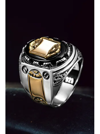 Erkek Gümüş Yüzük - Harf Yazılabilir Kehribar Taşlı 925 Ayar Erkek Yüzük