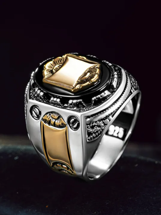 Erkek Gümüş Yüzük - Harf Yazılabilir Kehribar Taşlı 925 Ayar Erkek Yüzük