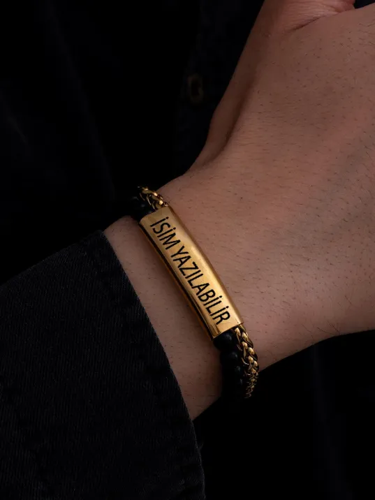 Erkek Çelik Bileklik - İsim Yazılabilir Siyah Boncuk Sarı Kral Zincir Çelik Bileklik