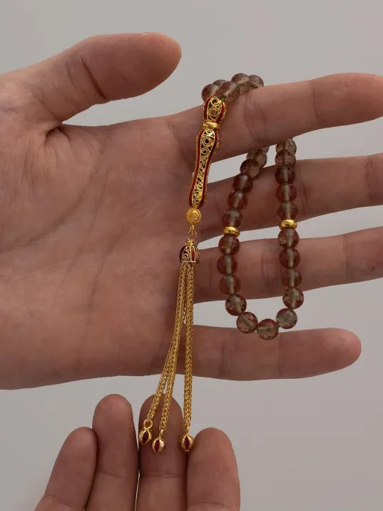 Doğal Taşlı Tespih - Zultanit Taşlı Altın Kaplama Orta Boy Tesbih 7.2mm