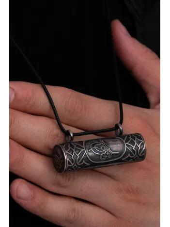 Erkek Gümüş Kolye - Cevşen Osmanlı Tuğralı İri Boy Gümüş Muska Kolye