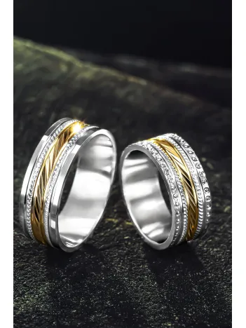 Erkek Kadın Gümüş Alyans - Altın Renk Geçişli İşlemeli Erkek Kadın Yüzük Erkek Kadın Gümüş Alyans - Altın Renk Geçişli İşlemeli Erkek Kadın Yüzük