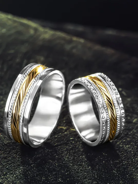 Erkek Kadın Gümüş Alyans - Altın Renk Geçişli İşlemeli Erkek Kadın Yüzük