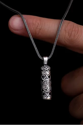 Hatlı Gümüş Erkek Cevşen Muska Kolye Zincir