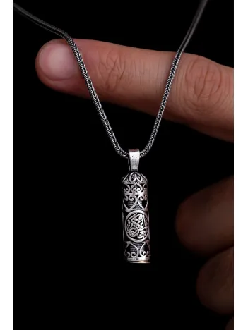 Hatlı Gümüş Erkek Cevşen Muska Kolye Zincir