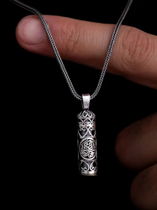 Hatlı Gümüş Erkek Cevşen Muska Kolye Zincir