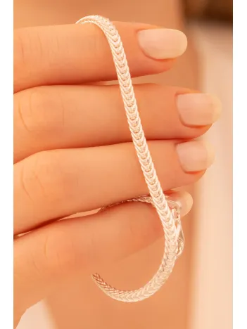 Kadın Gümüş Bileklik - 3.5mm Yassı Beyaz Tilki Kuyruğu Zincir Gümüş Kadın Bileklik