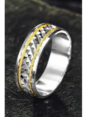 Erkek Gümüş Alyans - Ortası Zikzak Model Yanı Altın Kaplama Şerit Erkek Yüzük Erkek Gümüş Alyans - Ortası Zikzak Model Yanı Altın Kaplama Şerit Erkek Yüzük
