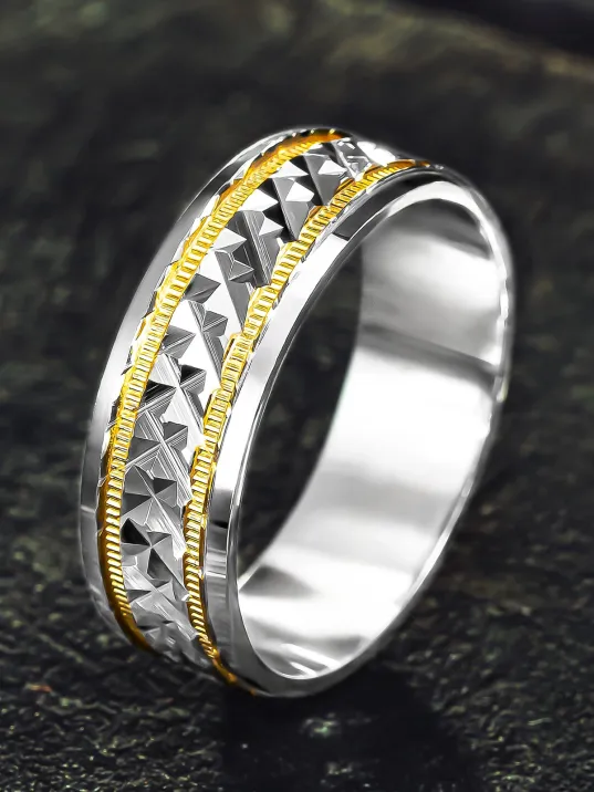 Erkek Gümüş Alyans - Ortası Zikzak Model Yanı Altın Kaplama Şerit Erkek Yüzük