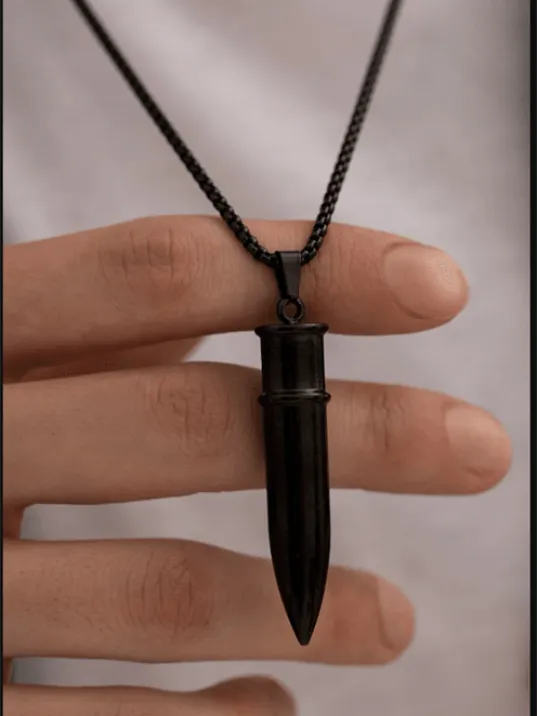 Erkek Kolye - Mermi Kurşun Model Erkek Siyah Çelik Kolye - 316 L Paslanmaz Çelik Kolye