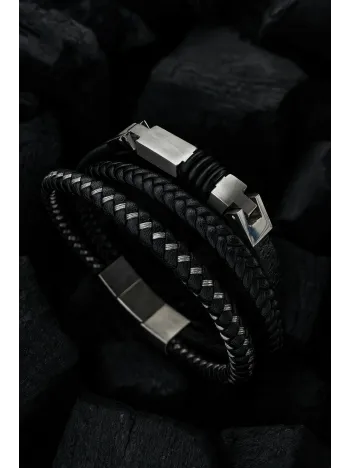 Erkek Çelik Bileklik - 3 Sıra Deri Örgü Model Erkek Bileklik