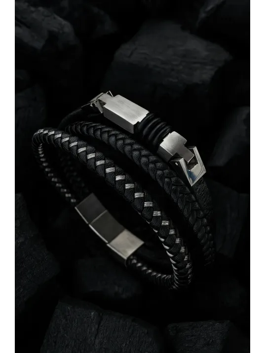 Erkek Çelik Bileklik - 3 Sıra Deri Örgü Model Erkek Bileklik
