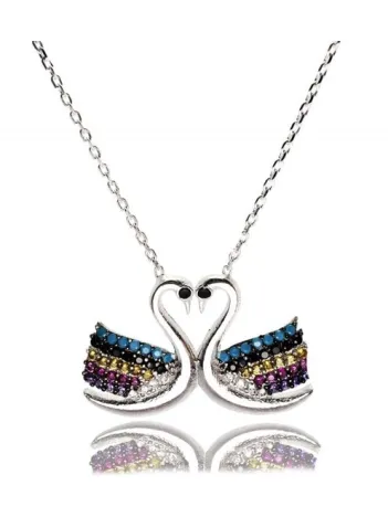 Çifte Kuğular Gümüş Bayan Kolye Orta Boy