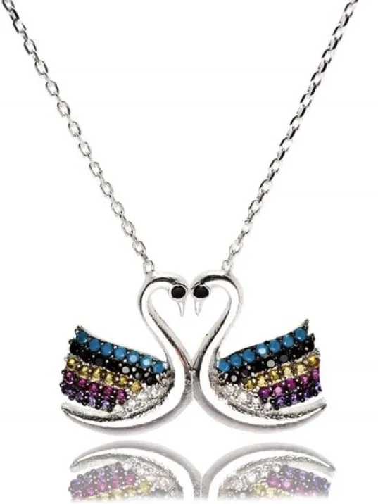 Çifte Kuğular Gümüş Bayan Kolye Orta Boy