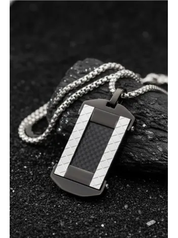 Erkek Karbon Fiber Görünümlü Polo Zincir Model Paslanmaz Çelik Plaka Kolye