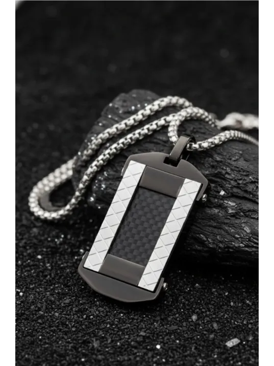 Erkek Karbon Fiber Görünümlü Polo Zincir Model Paslanmaz Çelik Plaka Kolye