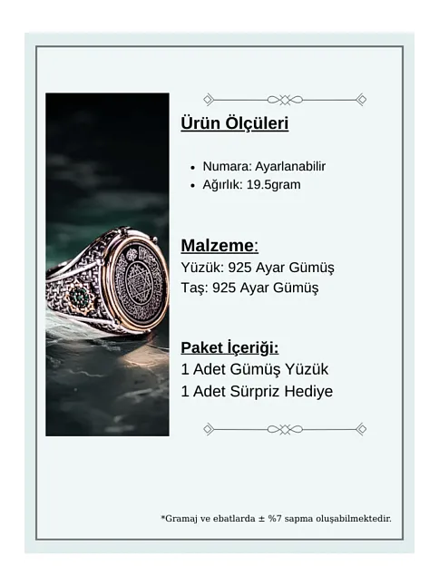 Erkek Süleyman Mührü İşlemeli Yanı Zümrüt Taşlı Şık Desen 925 Ayar Gümüş Yüzük