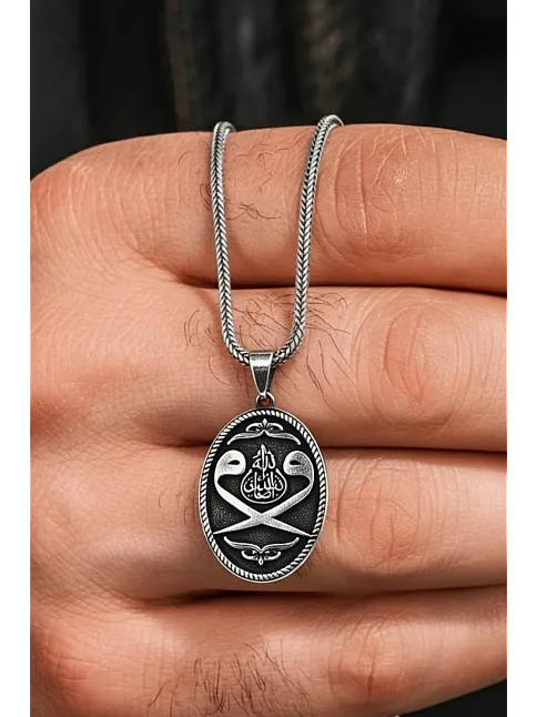 Erkek Gümüş Kolye - Oval Çift Vav Sembollü Erkek Gümüş Kolye