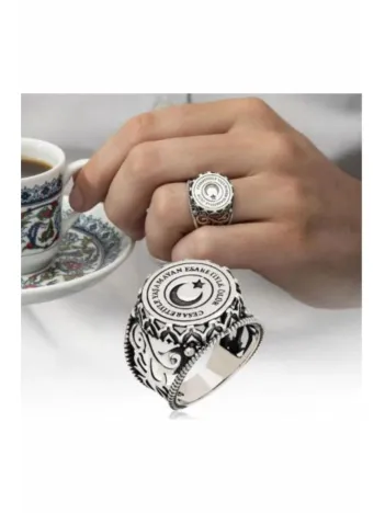 Erkek Gümüş Yüzük - Ay Yıldız İşlemeli 925 Ayar Gümüş Erkek Yüzük