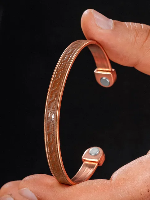 Erkek Kadın Bakır Bileklik - Hakiki Deri Omega Desenli Mıknatıslı Metal Kutu Doğal
