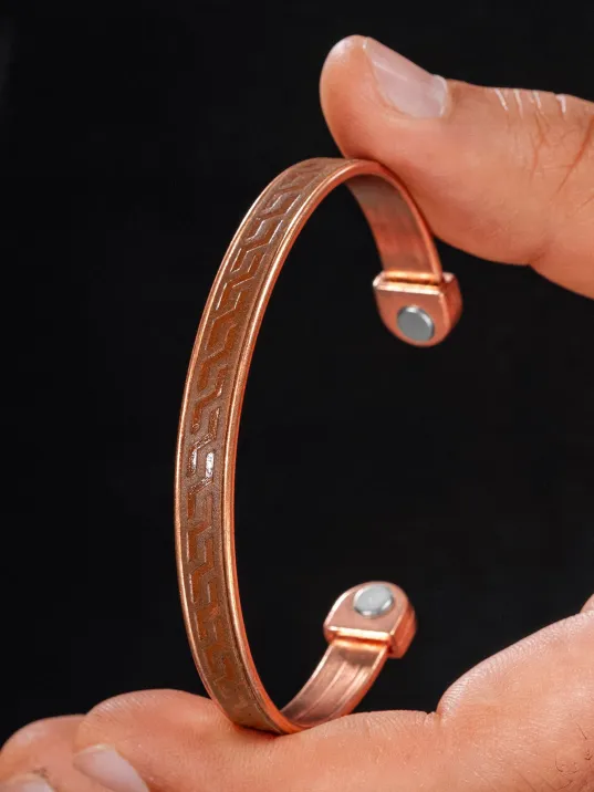 Erkek Kadın Bakır Bileklik - Hakiki Deri Omega Desenli Mıknatıslı Metal Kutu Doğal