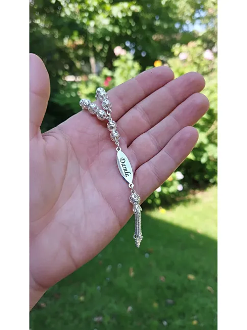 Erkek Gümüş Tespih - Çift Yön İsim Yazılabilir 925 Ayar Delikli Parlak Küre Kesim Tesbih Bilek Boy