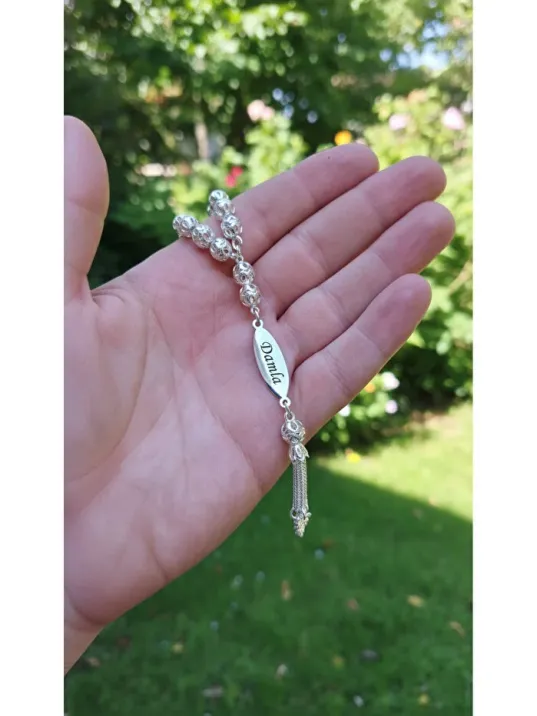 Erkek Gümüş Tespih - Çift Yön İsim Yazılabilir 925 Ayar Delikli Parlak Küre Kesim Tesbih Bilek Boy