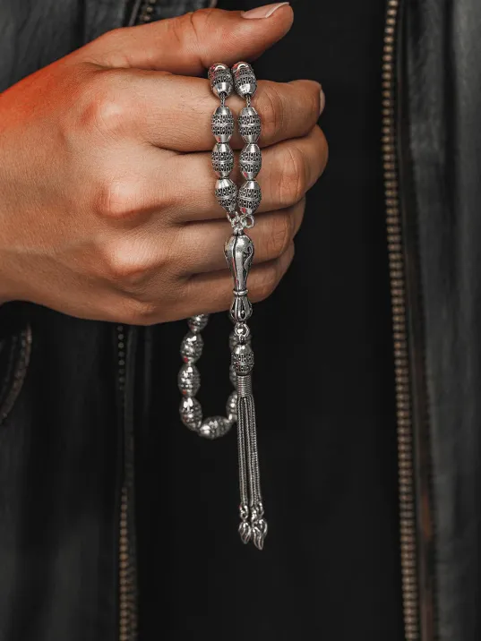 Erkek Tesbih - İcabet Oksitli 925 Ayar Gümüş Erkek Tespih Büyük Boy 38gr