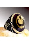 Ay Yıldız ve Tuğra İşlemeli Sıkma Tehribar Taşlı Gümüş Erkek Yüzük