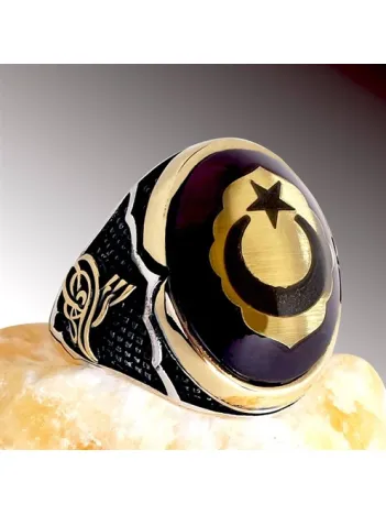 Ay Yıldız ve Tuğra İşlemeli Sıkma Tehribar Taşlı Gümüş Erkek Yüzük