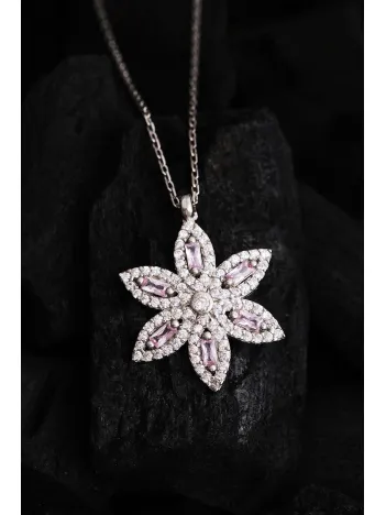 Kadın Gümüş Kolye - Sevgililer Günü - Hediye - Zirkon Taşlı Mor Çiçek Motifli Kadın Kolye