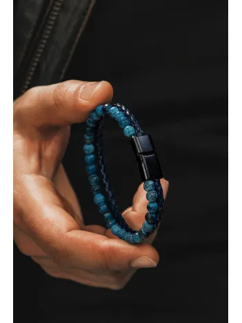 Erkek Doğal Taş Bileklik - Damarlı Mavi Akik Taşı Boncuk ve Örme Deri Erkek Bileklik Erkek Doğal Taş Bileklik - Damarlı Mavi Akik Taşı Boncuk ve Örme Deri Erkek Bileklik