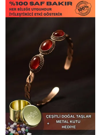 Kadın Bakır Bileklik - Örgü Model 3lü Kırmızı Akik Taşlı Bakır Bilezik