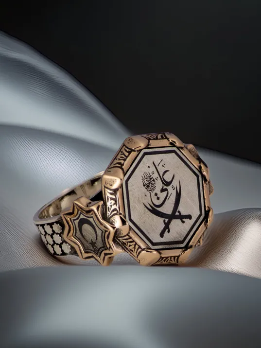 Erkek Çift Zülfikar Kılıcı İşlemeli Yanı Ay Yıldız Model 925 Ayar Gümüş Yüzük