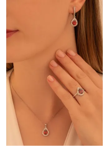 Kadın Gümüş Set - Mekik Model Yakut Taşlı Zirkon Süslemeli Rodyumlu Kadın Set