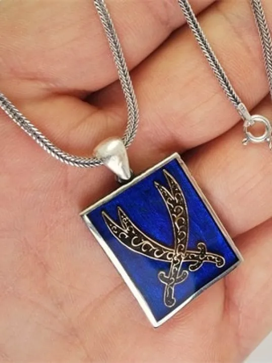 Mavi Mineli Çift Zülfikar Erkek Gümüş Kolye Zincir Orta Boy