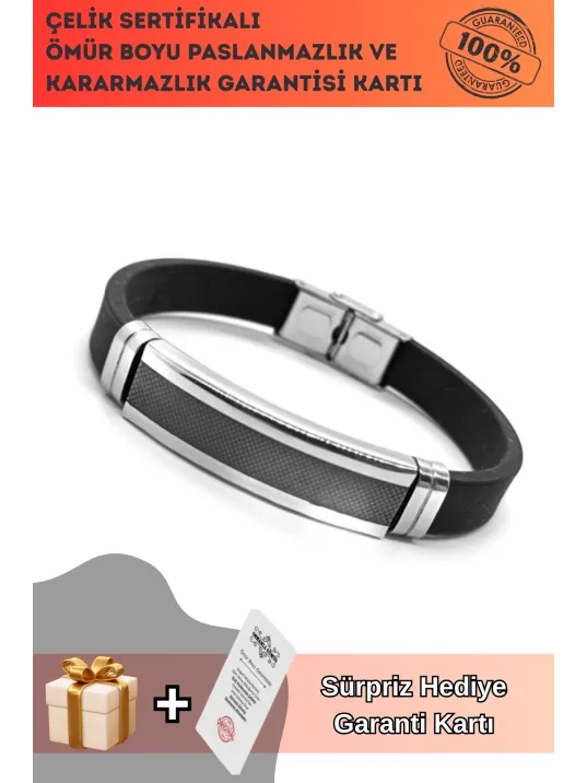 Baklava Çizgi Desen Kauçuk Çelik Erkek Bileklik CBLBKLVADSN-BYZ