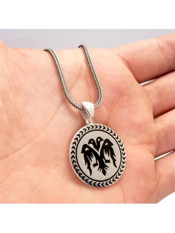 Çift Başlı Selçuklu Kartalı Siyah Renk Erkek Gümüş Kolye Zincir