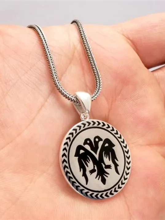 Çift Başlı Selçuklu Kartalı Siyah Renk Erkek Gümüş Kolye Zincir