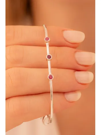 Kadın Gümüş Bileklik - Kadın Kelepçe - El Yapımı Gümüş 3 Sıra Yakut Taşlı Zarif Kadın Bileklik