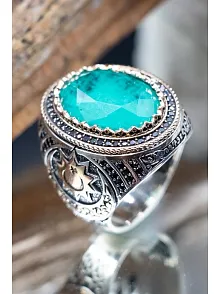 Mavi Paraiba Taşlı Yanları Ay Yıldız İşlemeli Oval 925 Ayar Gümüş Erkek Yüzük