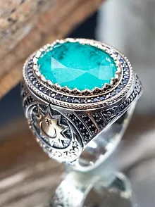 Mavi Paraiba Taşlı Yanları Ay Yıldız İşlemeli Oval 925 Ayar Gümüş Erkek Yüzük