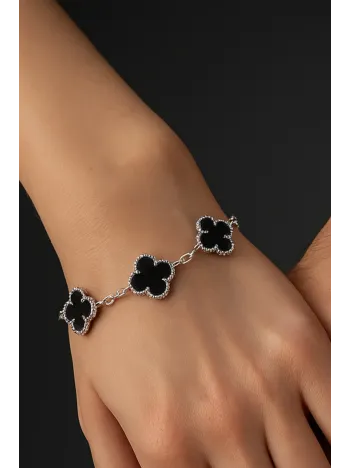 Kadın Gümüş Bileklik - Şans Dört Yaprak Motifli Oniks Taşlı Bilezik